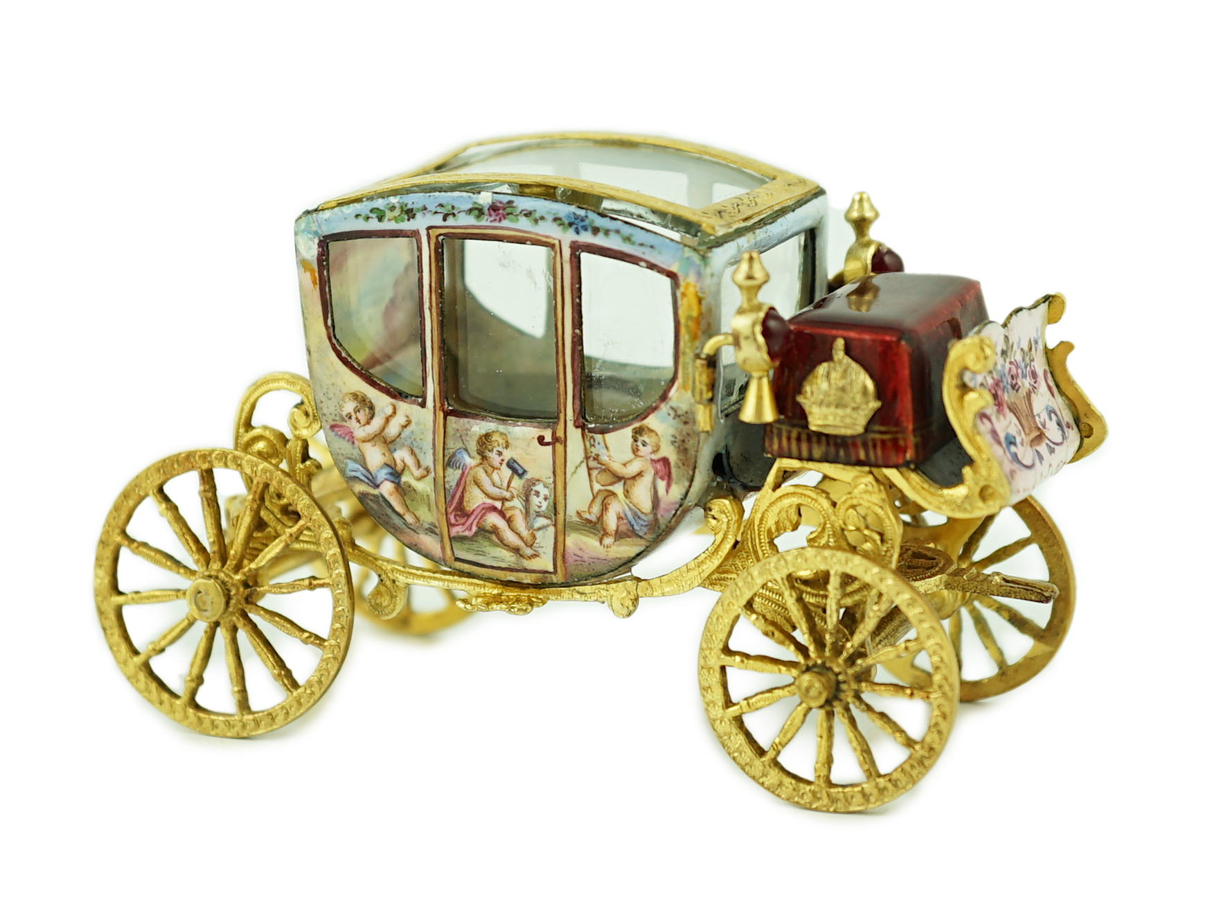 An early 20th century Viennese silver gilt and enamel miniature model of carriage, by Ludwig Pollitzer?